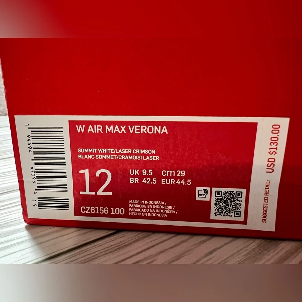 Nike Air Max Verona women’s sneaker shoe white crimson size‎ 12 CZ6156-100